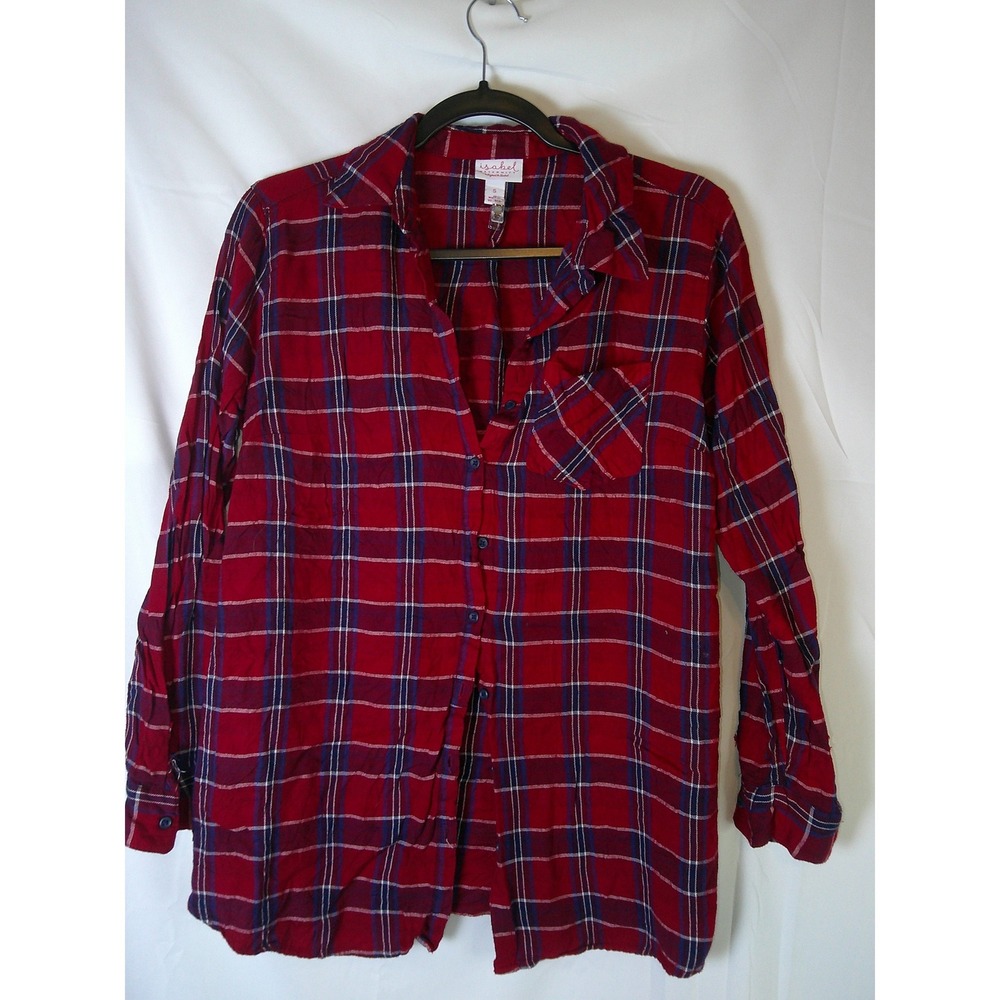 Isabel Maternity Red Navy Plaid Button Down Flannel Shirt Small Long Sleeve